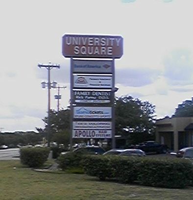 University Plaza sign as seen driving south on NW Military Hwy in Castle Hills, Texas